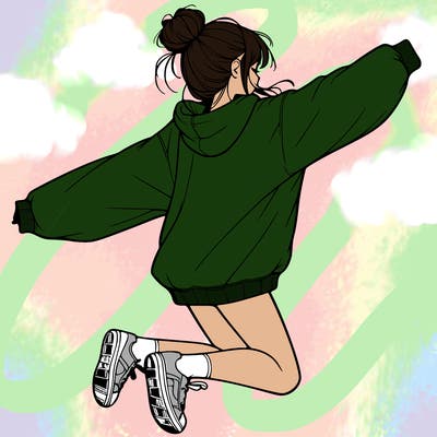 realistic girl jumping with a bun and oversized sweatshirt