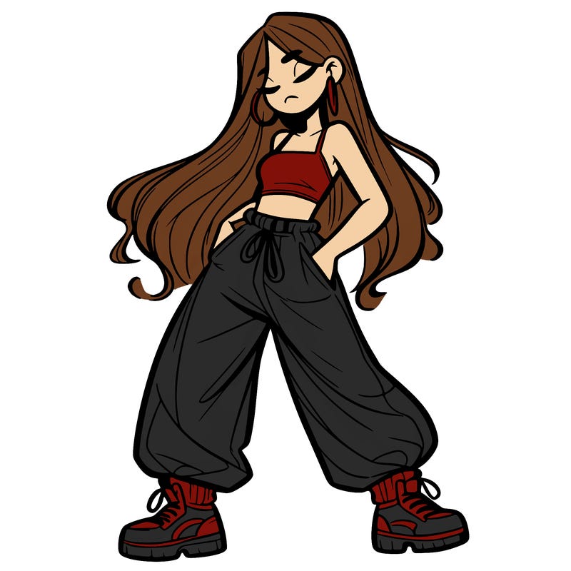 girl in baggy pants crop top and long hair