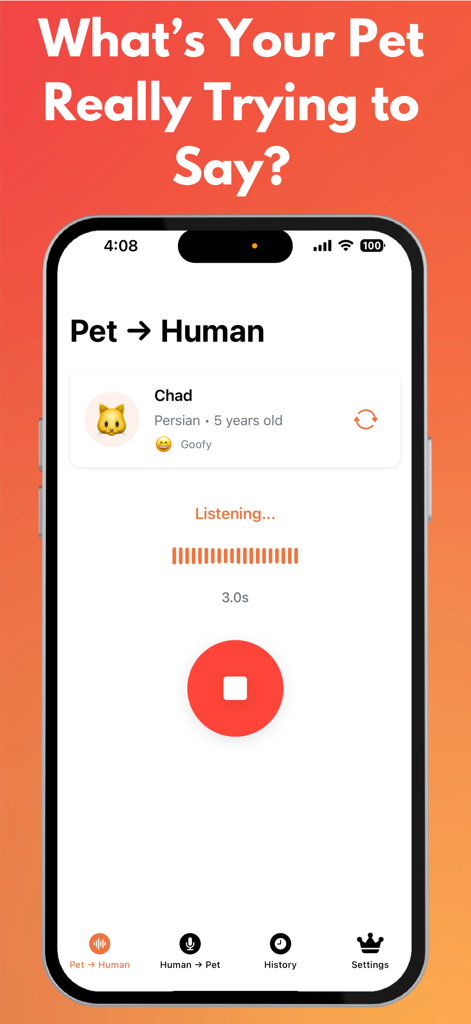Dog & Cat Translator: Pet AI - A smartphone screen showing the Pet AI app interface while listening to translate a cat sound into human language