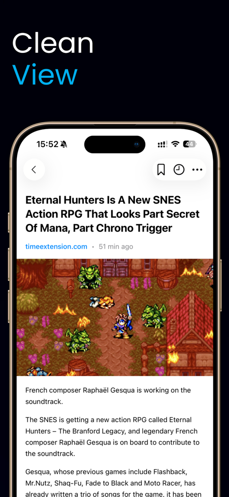 A minimalist and distraction-free article reading interface in the Simplio RSS Reader app.