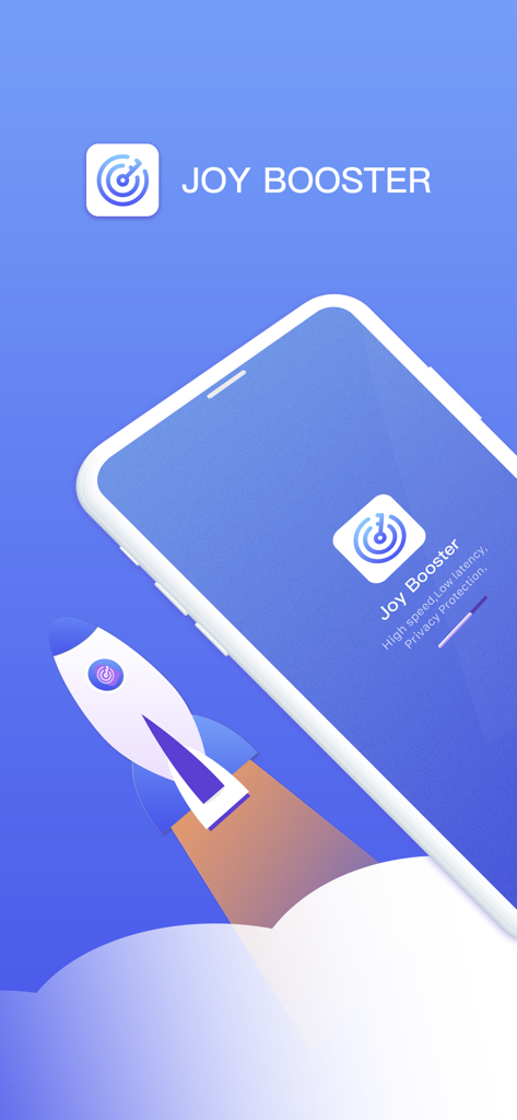 JoyBooster - VPN Proxy Master - Pantalla de inicio de la aplicación JoyBooster VPN Proxy Master con un cohete para alta velocidad y protección de la privacidad
