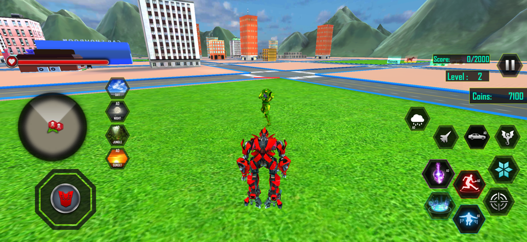 Flying Plane Robot Fighting 3D - Robot rojo de pie en un campo verde en un entorno de ciudad 3D durante el juego