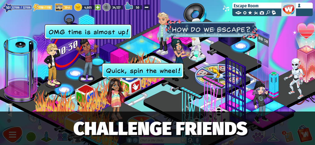 Avatars solving puzzles together in a colorful virtual escape room environment.