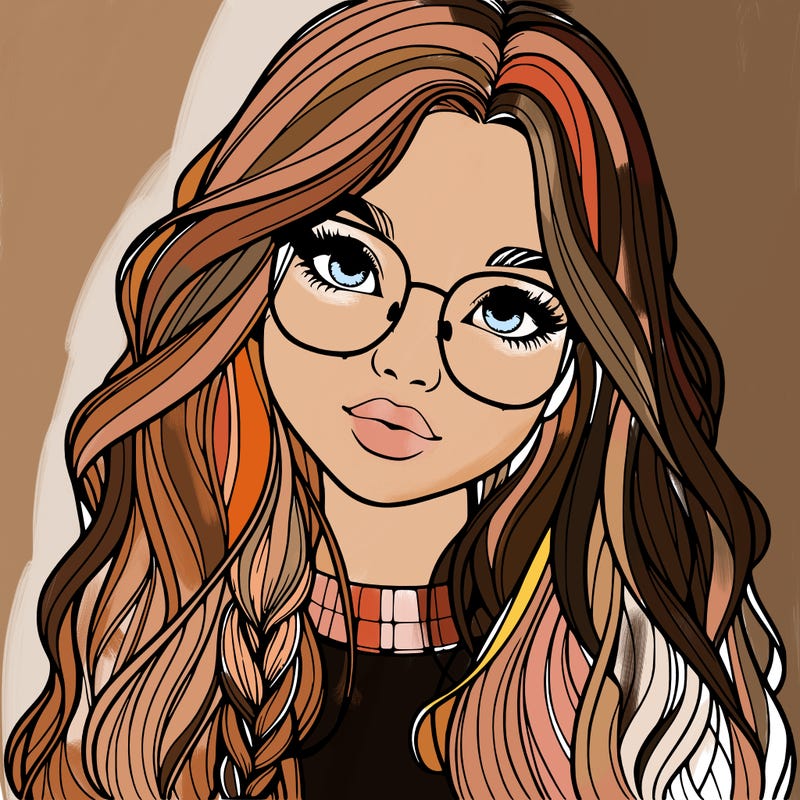 girl with long hair and freckles and glasses realistic