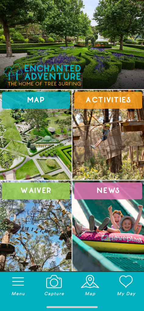 Enchanted Adventure - Main dashboard of the Enchanted Adventure app featuring links to the park map activities waivers and news