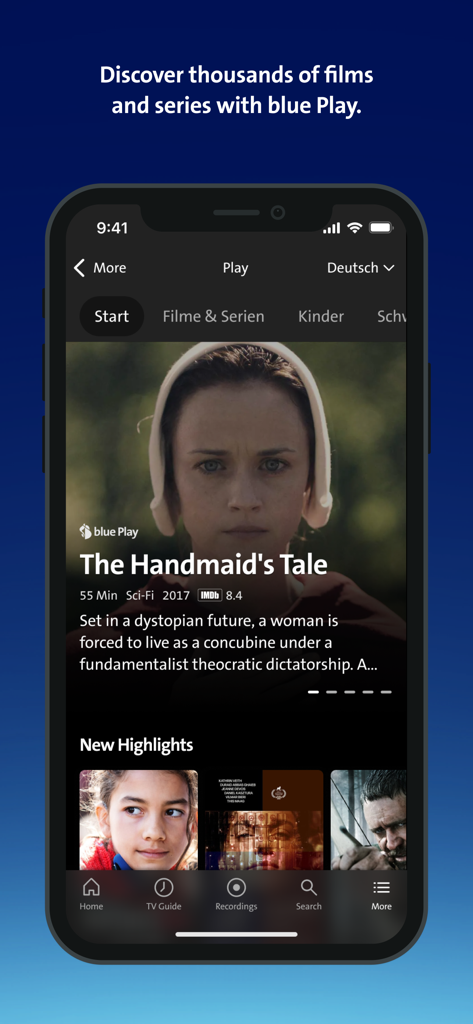Swisscom blue TV - Swisscom blue TV Mobile App Benutzeroberfläche zeigt eine Detailseite für die Serie The Handmaids Tale