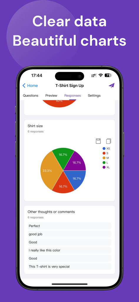 Bildschirm einer mobilen App, der Umfrageantworten mit einem bunten Tortendiagramm und Textfeedback anzeigt