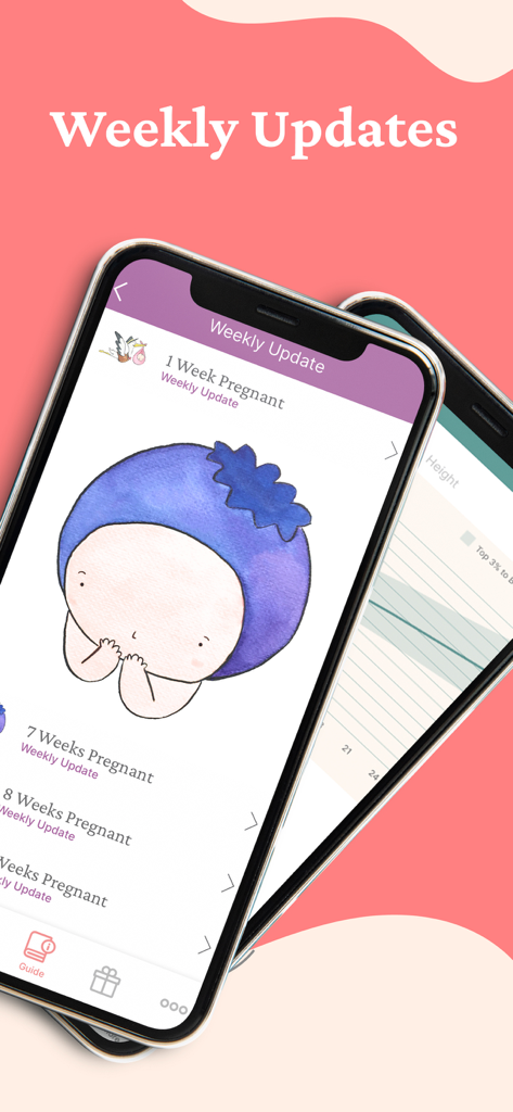 귀여운 아기 그림과 성장 차트가 있는 Mali 앱 주간 임신 업데이트를 보여주는 스마트폰 화면