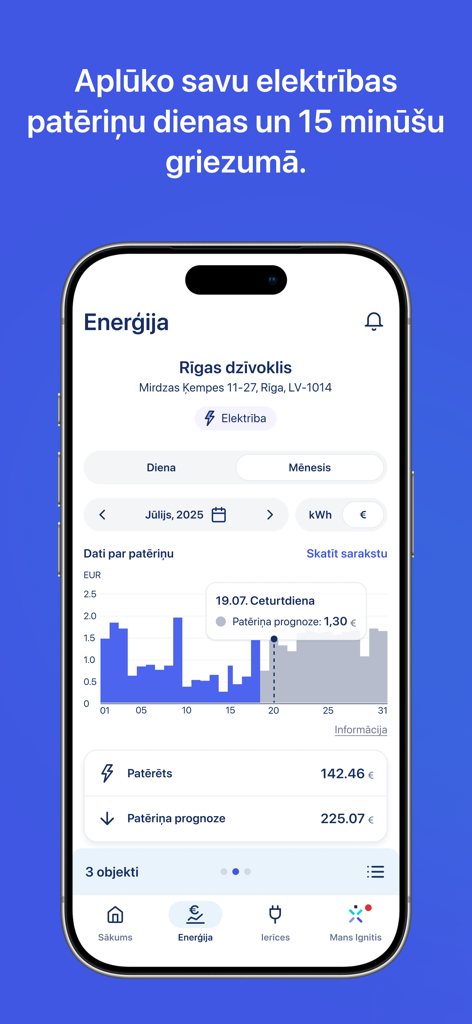 Ignitis Latvija mobile app interface showing a monthly electricity consumption bar chart and cost forecast
