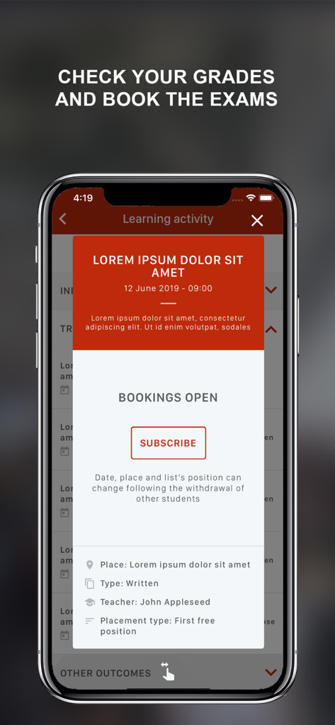 Una captura de pantalla móvil de la aplicación myUniBo que muestra la interfaz de reserva de exámenes con un botón de suscripción y detalles de la actividad de aprendizaje.