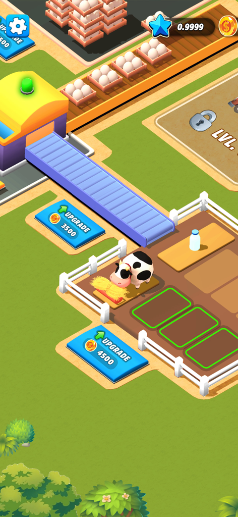 Factory Tycoon Idle Game - Isometric gameplay view showing a cow farm and an automated egg production conveyor belt with upgrade buttons