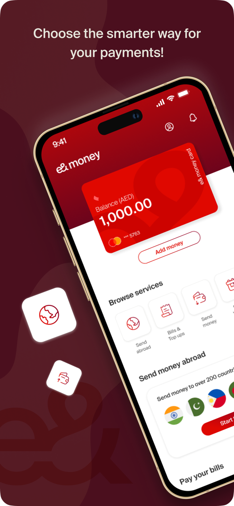 e and money UAE mobile app interface showing digital wallet card and remittance services