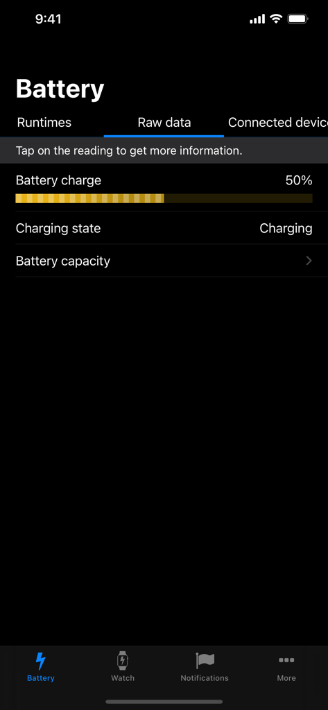 Detailed raw battery data screen showing 50 percent charge and charging status on an iPhone