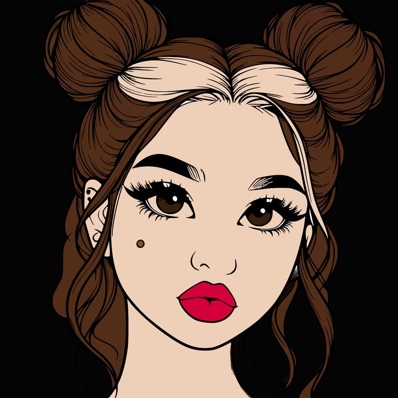 realistic girl with two buns on her hair and lips