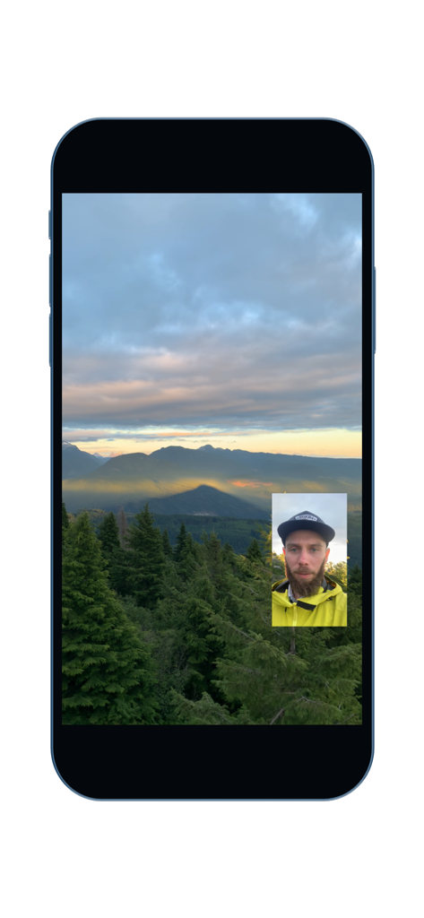 Camera FrontBack - Dual camera interface showing a scenic mountain view and a vloggers reaction in a small window