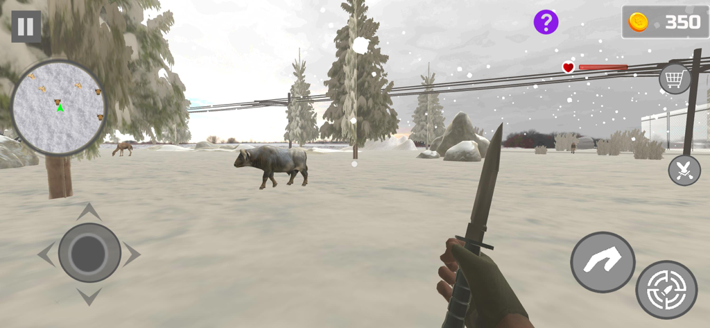 First person view of a player holding a knife while hunting a bull in a snowy landscape.