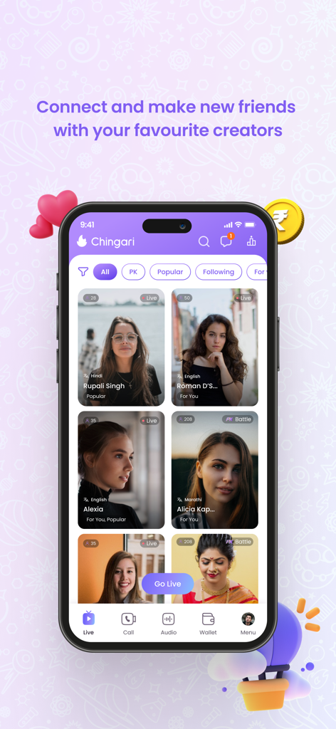 Interface of the Chingari app showing a grid of live creators and social discovery features