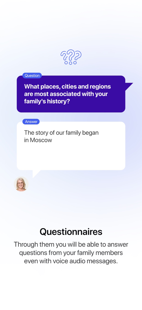 Family Legends - Interface of the Family Legends app featuring a questionnaire for gathering family history and stories