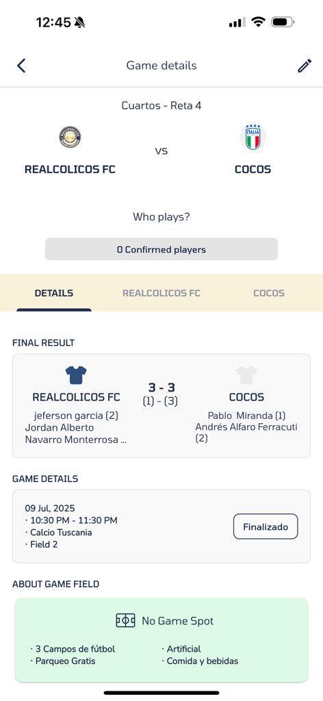 アマチュアサッカーゲームの最終スコアとゴールスコアラーを表示するGOLEモバイルアプリのインターフェース