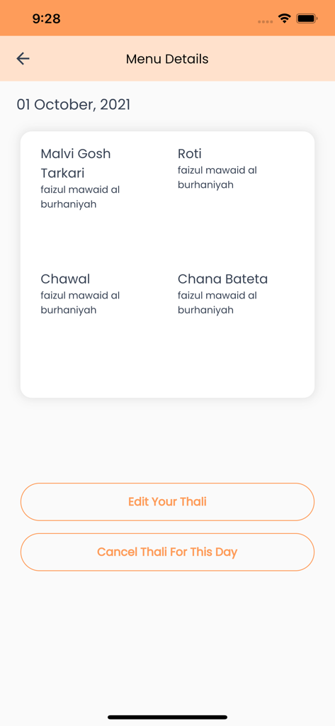 FMB and JMS Application - FMB app screen showing daily menu details with options to edit or cancel the Thali.