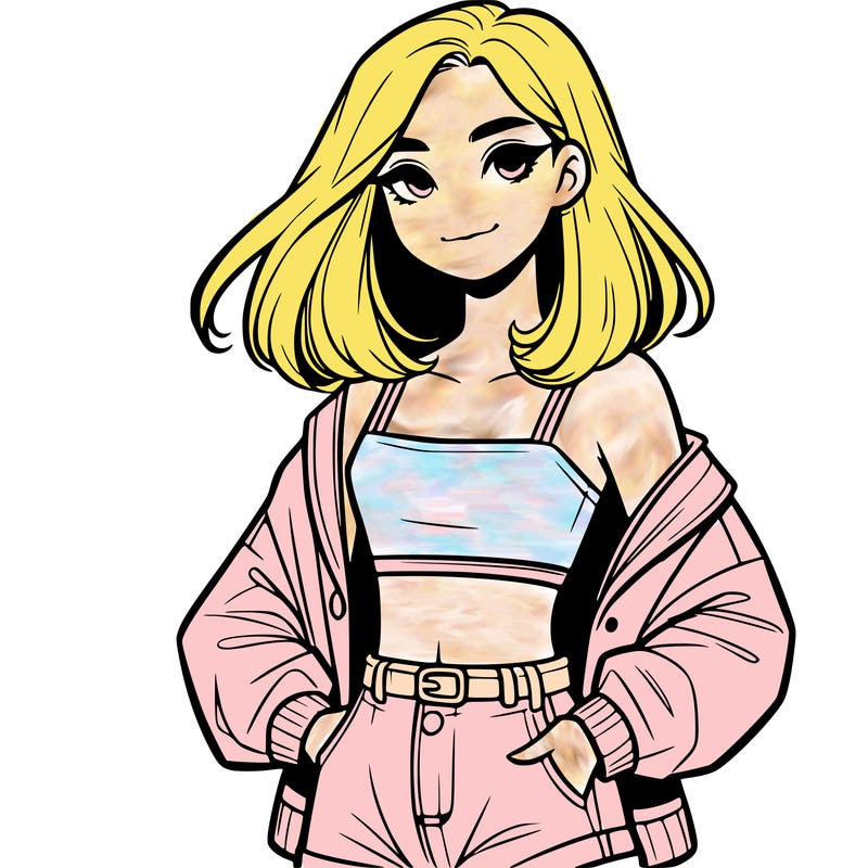 a realistic girl with a crop top and short shorts in an open jacket