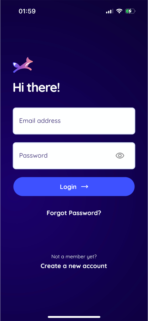 FastID - FastID app login interface featuring email and password fields on a dark purple background