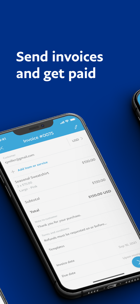 Mobile Oberfläche der PayPal Business App mit einer digitalen Rechnung über einhundertfünfzig Dollar