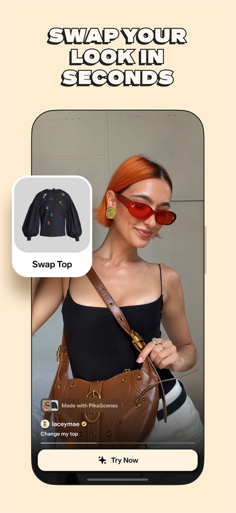Pikaffects by Pika - 여성이 AI 의상 변경 기능을 사용하여 상의를 변경하는 Pikaffects 앱 인터페이스