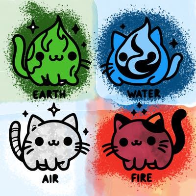 4 cats that represent the different elements, earth, water, air, and fire