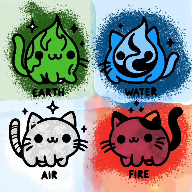 4 cats that represent the different elements, earth, water, air, and fire