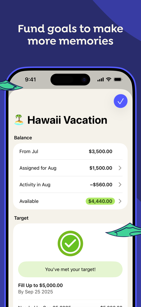 YNAB app screen showing a savings goal for a Hawaii vacation with a message saying the target has been met