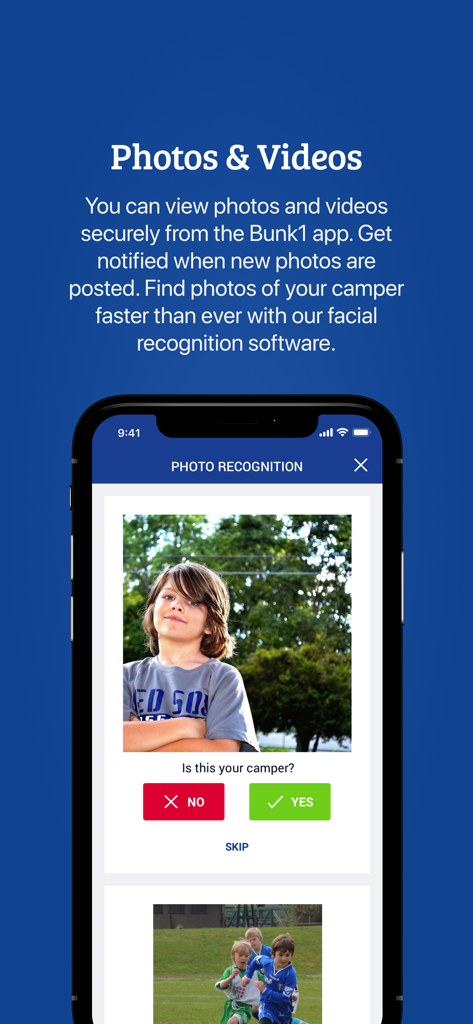 Bunk1 - Bunk1 mobile app interface showing facial recognition technology to identify and organize summer camp photos of a child.