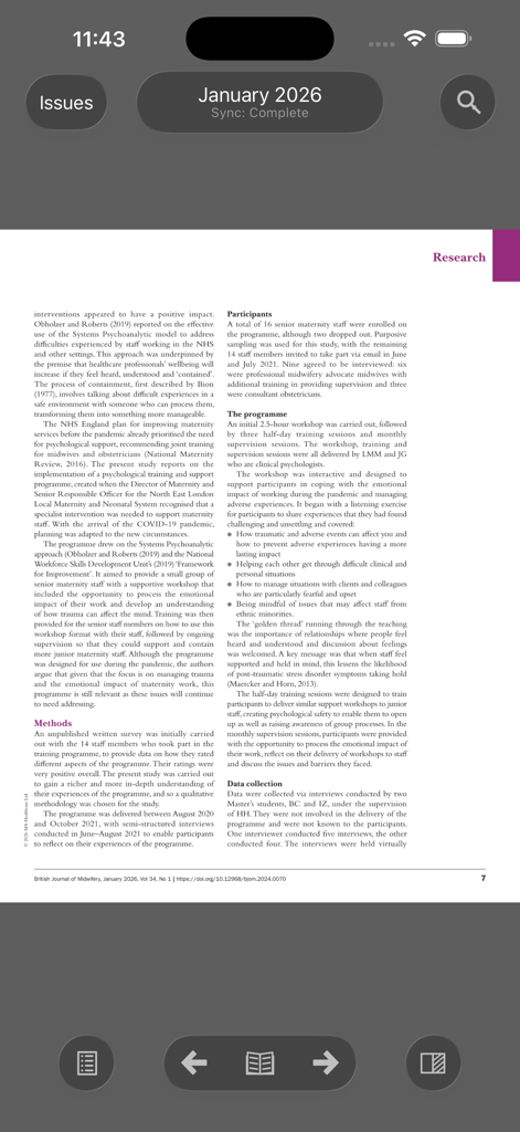 British Journal of Midwifery - A peer-reviewed research article page displayed within the British Journal of Midwifery mobile application