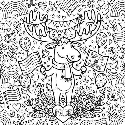 Embrace the spirit of Pride Month with this heartwarming coloring page featuring a delightful moose. This intricate design is packed with symbols of love, diversity, and community, perfect for all ages.