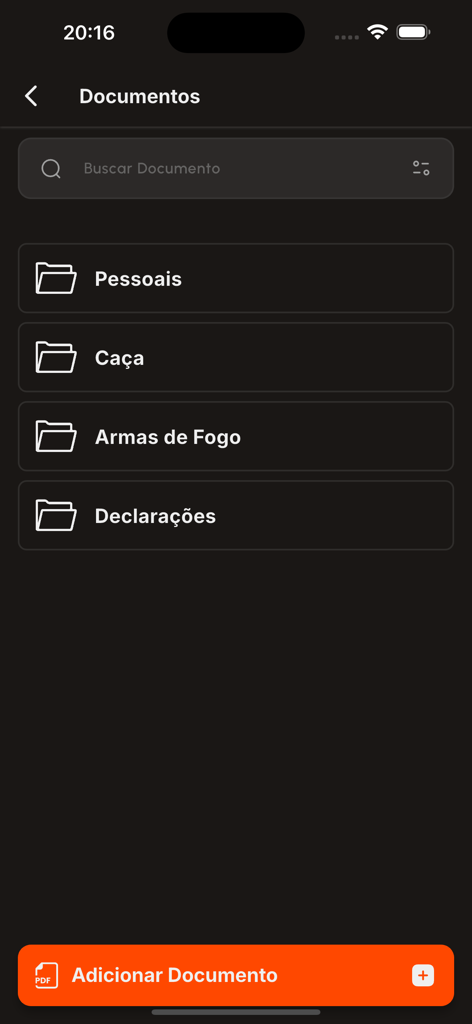 MyShooting - MyShooting app interface showing organized document folders for personal hunting and firearm records