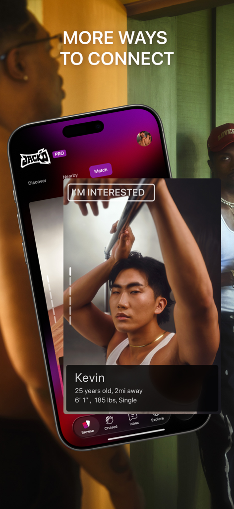 Jack’d - Gay chat & dating - Aplicación de citas Jack'd que muestra el perfil de Kevin con funciones de coincidencia y conexión para hombres queer