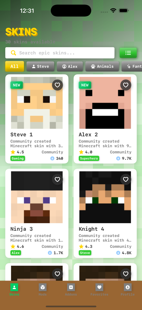 Mods for Minecraft Game App PE - Oberfläche der Mods für Minecraft App, die eine Vielzahl von Charakter-Skins zeigt, darunter Steve, Alex, Ninja und Ritter.