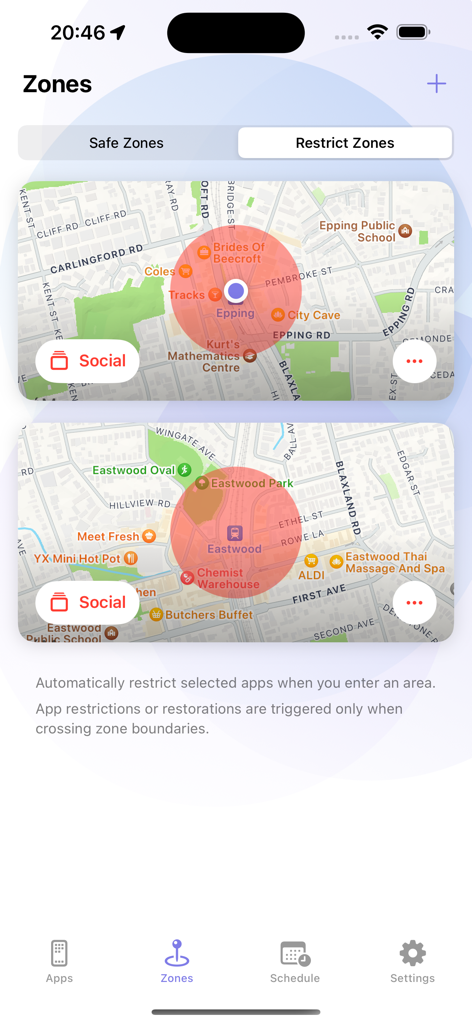 Cape app screenshot showing the restrict zones feature with maps to automatically block social media apps in specific areas