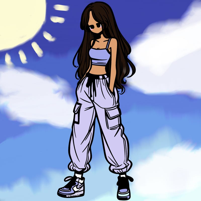 girl in baggy pants crop top and long hair