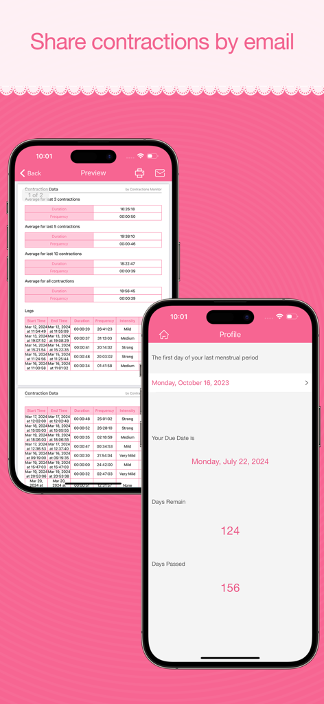 Contraction Monitor Pro - Two iPhone screens displaying the Contraction Monitor Pro app, one showing a preview of contraction logs with frequency and intensity data, and the other showing a profile with pregnancy due date information.