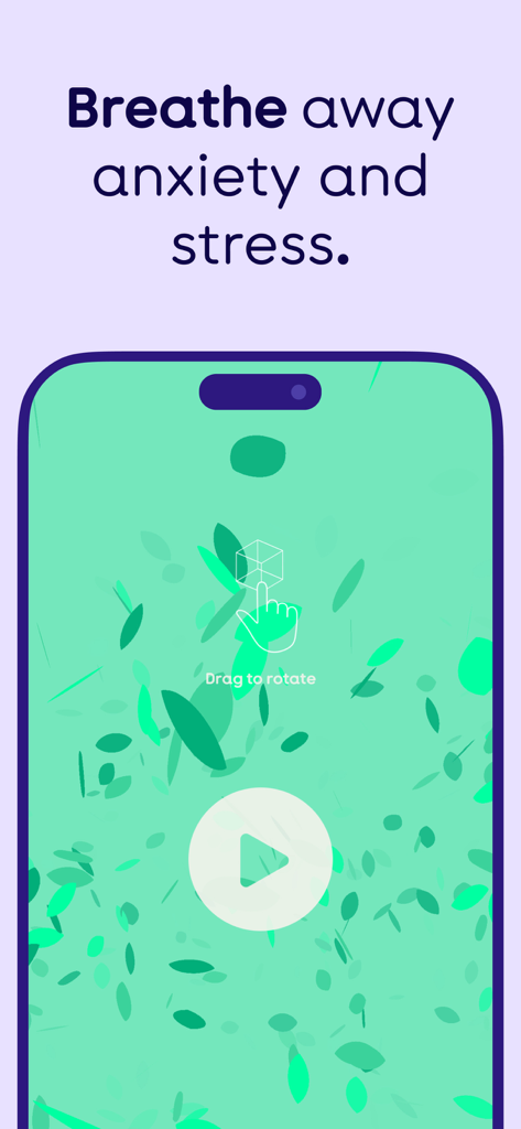 Pantalla de smartphone que muestra la interfaz de la aplicación Lungy con visuales verdes interactivos y el texto Respira la ansiedad y el estrés