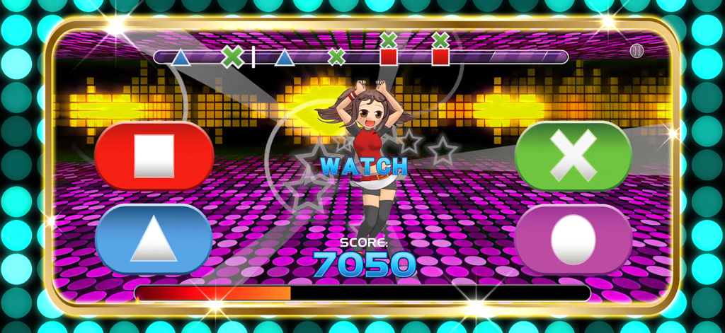 Rhythm gameplay of Caramella Girls Game featuring an anime character dancing on a colorful disco background with control buttons.