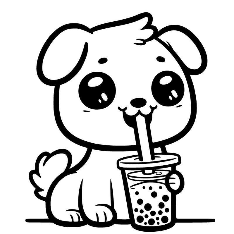 a dog drinking boba