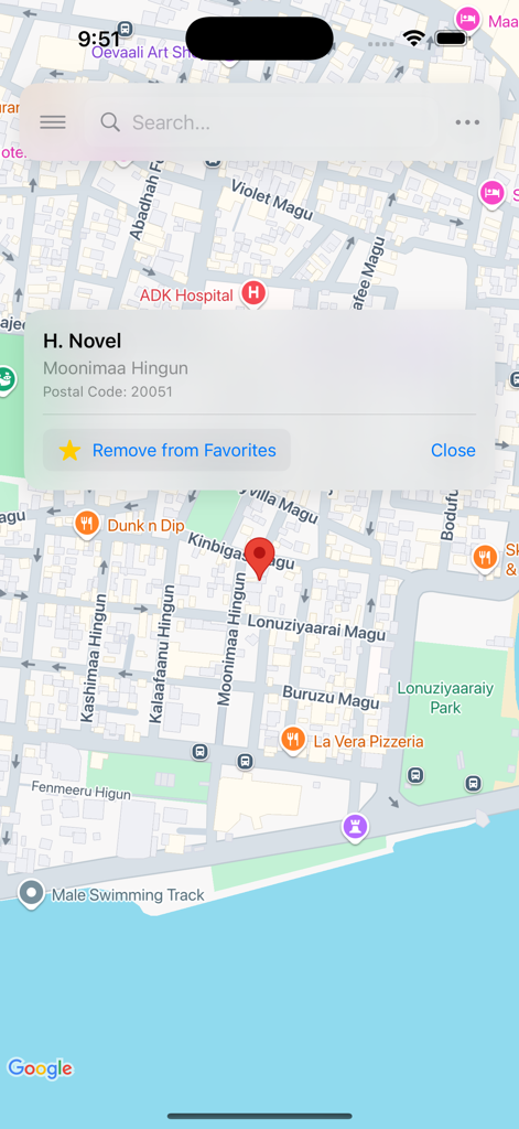 Male' Map app displaying address details and favorites option on a city map of Male' Maldives.