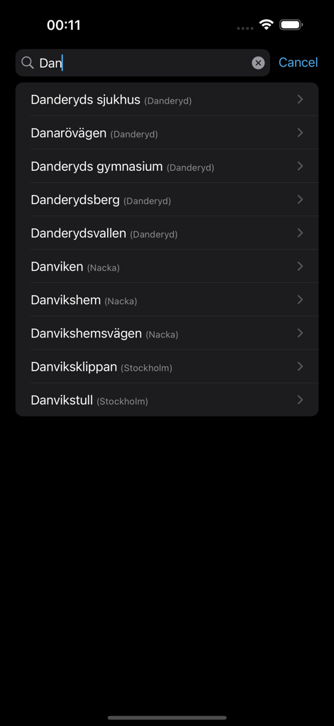 SL watch - Search results for Stockholm transit stations in the SL watch app