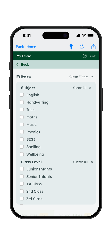 La pantalla de filtros en la aplicación Biblioteca Folens mostrando asignaturas escolares y niveles de clase para facilitar el descubrimiento de recursos.
