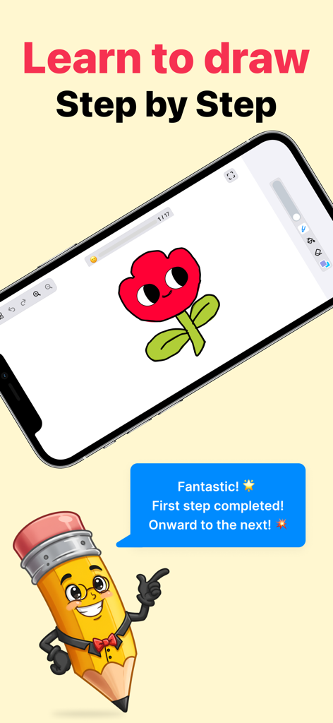 Bildschirm einer mobilen App, der eine Schritt-für-Schritt-Anleitung zum Zeichnen einer Blume mit einer freundlichen Cartoon-Bleistiftfigur zeigt