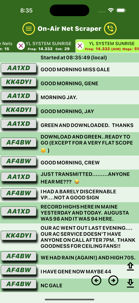 On-Air Net Scraper - Real-time chat interface of On-Air Net Scraper showing ham radio operator callsigns and messages.