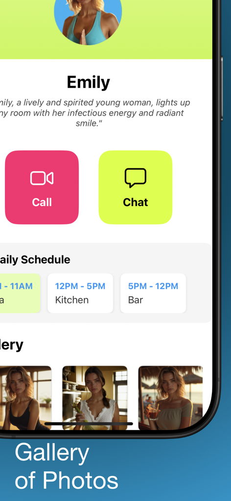 TenderTalk AI Video Calls - AI character profile interface in the TenderTalk app showing call and chat options with a photo gallery