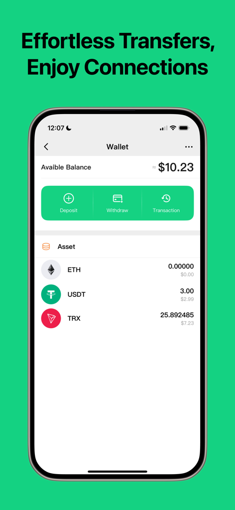 Mosavi app crypto wallet screen showing available balance and assets including ETH, USDT, and TRX.